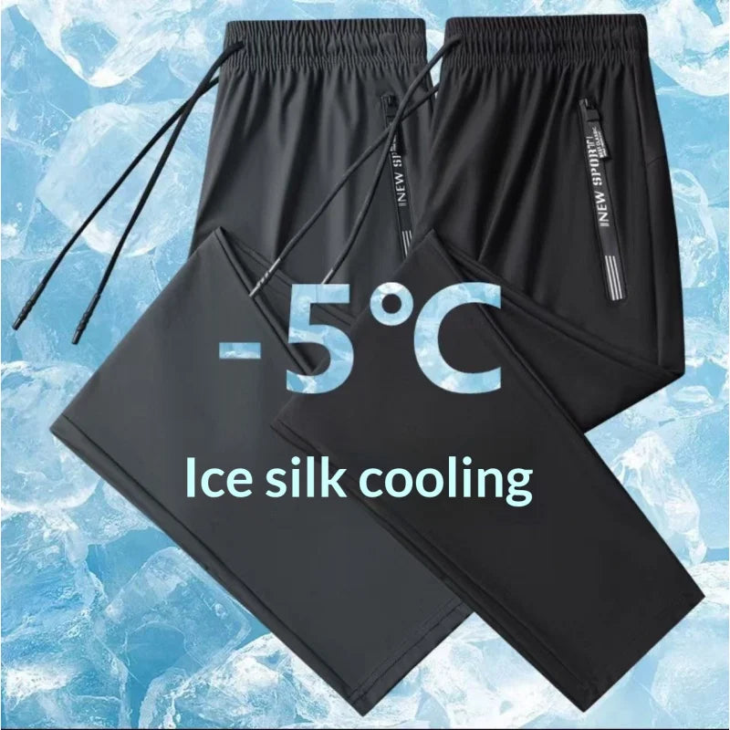 Men's Ice Silk Casual Pants Summer Quick Dry Lightweight Joggers with Zipper Pockets Elastic Waist Sports Trousers for Running F