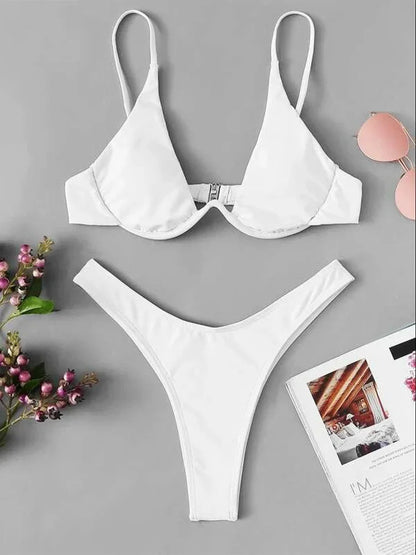 2026 Summer New Two Piece Women's Solid Color Sexy Bareback Bikini Split Swimsuit Bikini Set High Waist Beach Vacation