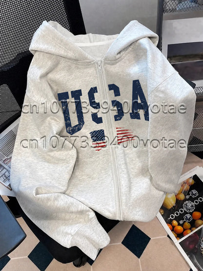 Fashion Letter Zip Up Hoodies Women Autumn Long Sleeve Tops Loose Hood Shirt Harajuku Y2K Clothes Female Sweatshirt Jacket