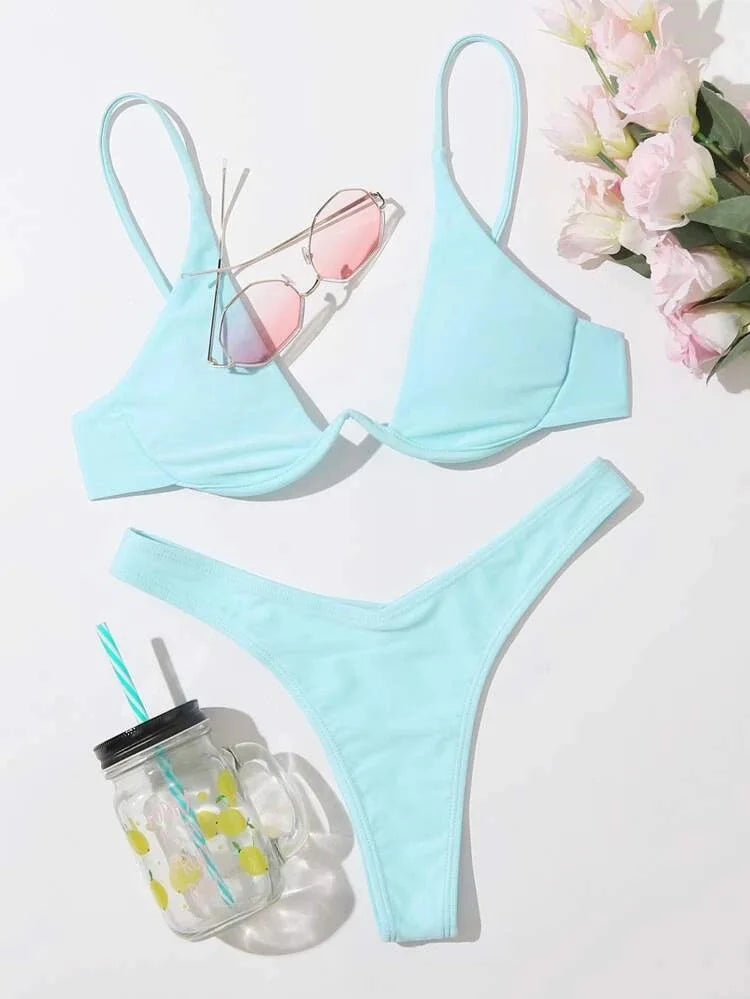 2026 Summer New Two Piece Women's Solid Color Sexy Bareback Bikini Split Swimsuit Bikini Set High Waist Beach Vacation
