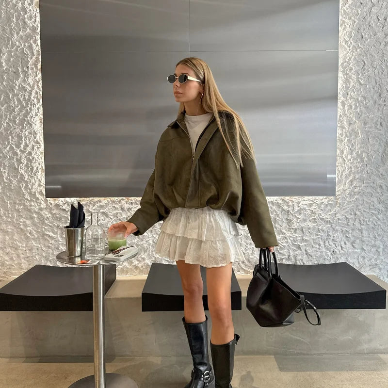 Vintage Suede Green Bomber Jacket Women Loose Lapel Full Sleeve Zipper Commute Coat 2025 Autumn Lady High Street All-match Coats