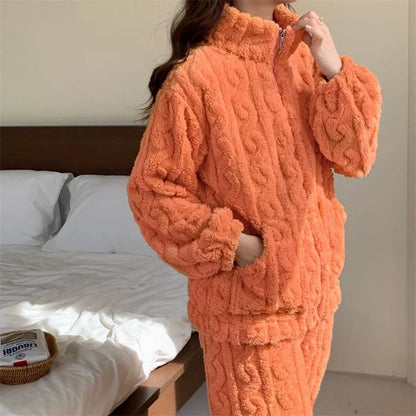Autumn Winter Sweet Coral Fleece Pajamas Women Fleece-lined Thickened 2023 New Zip-up Flannel Warm Home Wear Set