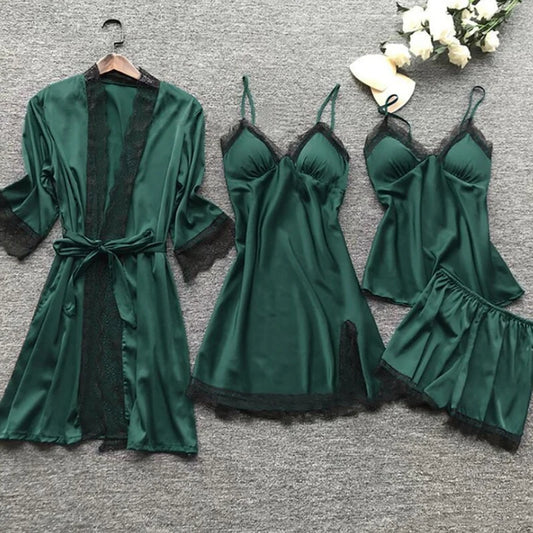 Sexy Lace Pajamas Set - V-Neck Nightdress with Chest Pads for Women - ZOOMNSTORE