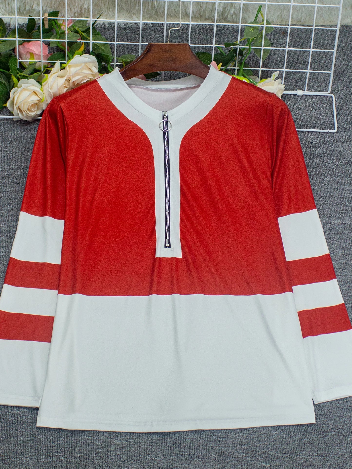 Plus Size Long Sleeve T-Shirt – Loose Fit Striped Top with Color Block Zipper