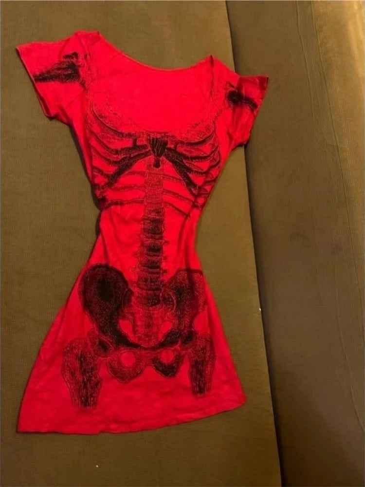 American Vintage Skeleton Aesthetic Short Sleeved Tees Women Y2k Harajuku Rock Hottie T-shirt Gorhic Retro Sexy Slim Chic Tops