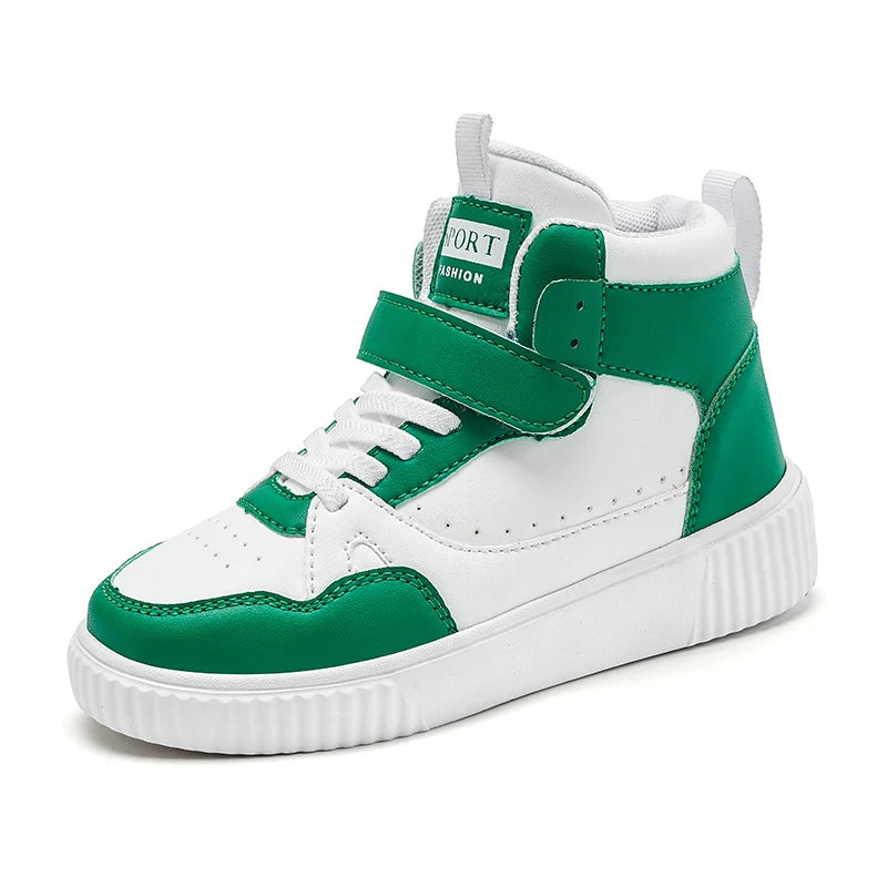 Boys High Top Sneakers - Autumn Leather Sports Shoes with Hook & Loop Closure