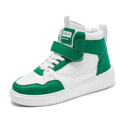 Boys High Top Sneakers - Autumn Leather Sports Shoes with Hook & Loop Closure