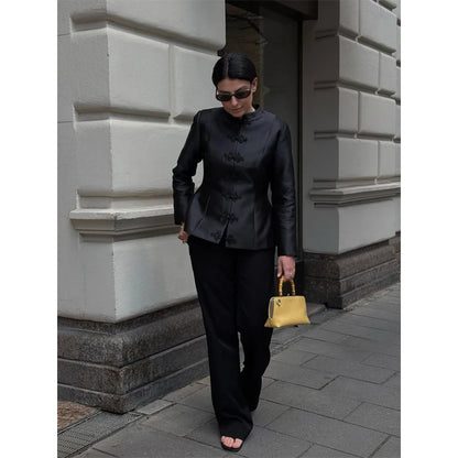 Elegant Satin Coat – Women's Satin Jacket With Cinched Waist & Button Closure