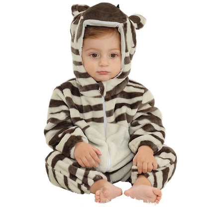 Baby Winter Rompers - Soft Polyester Hooded Jumpsuit With Animal Pattern, Machine Washable