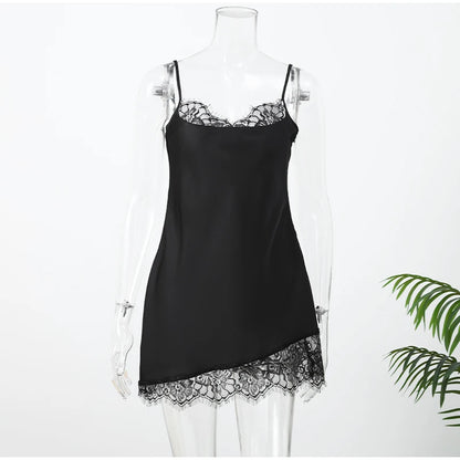 Lace Trim Sling Dress - Sleeveless Slim Fit Mini Dress With Natural Waistline