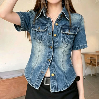 French retro Polo collar short-sleeved denim jacket women's summer 2026 fashion  loose single-breasted temperament top