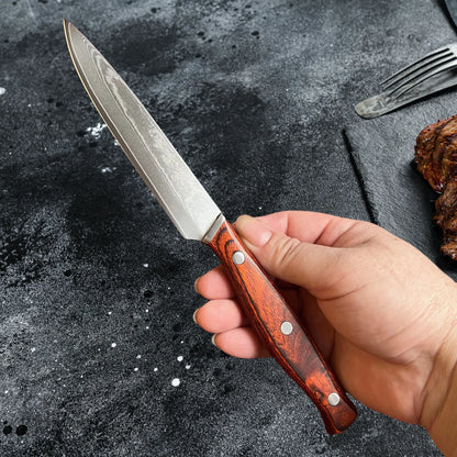 Damascus Steel VG10 Steak Knife - Premium Wood Handle Chef Cutlery with Sheath
