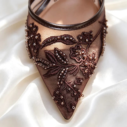 Sexy Pointed Toe Mesh Embroider High Heels for ladies Elegant String Bead pumps Summer Luxury Designer Shoe Brown Heeled Sandals