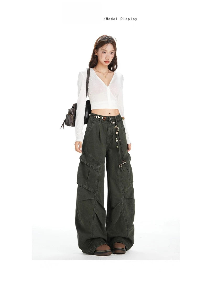 Retro Casual High Waisted Baggy Cargo Jeans Women Washed Distressed Wide Leg Pants Brown Denim Y2K Streetwear Vintage Trousers