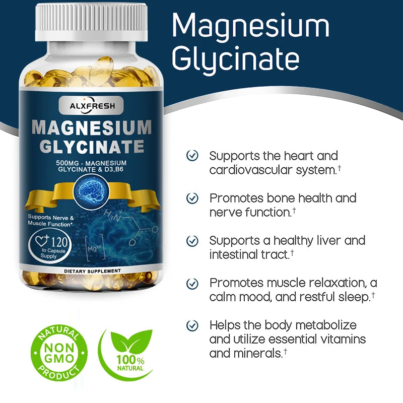 Alxfresh Magnesium Glycinate 500mg Capsule Zinc Vitamin D3 B6 for Muscle, Joint, Nerve Sleep Quality, Anxiety Stress Mood Health