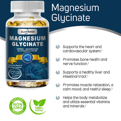 Alxfresh Magnesium Glycinate 500mg Capsule Zinc Vitamin D3 B6 for Muscle, Joint, Nerve Sleep Quality, Anxiety Stress Mood Health