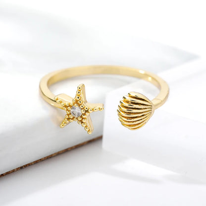Ocean Starfish Shell Open Rings For Women Gold Color Stainless Steel Ring Summer Beach Aesthetic Waterproof Jewelry Gift