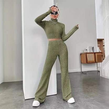 2025 Beige Western Style Knitted Fashion Suit Women New Korean Split Black Sweaters Wide Leg Pants Lady Casual Two-piece Sets
