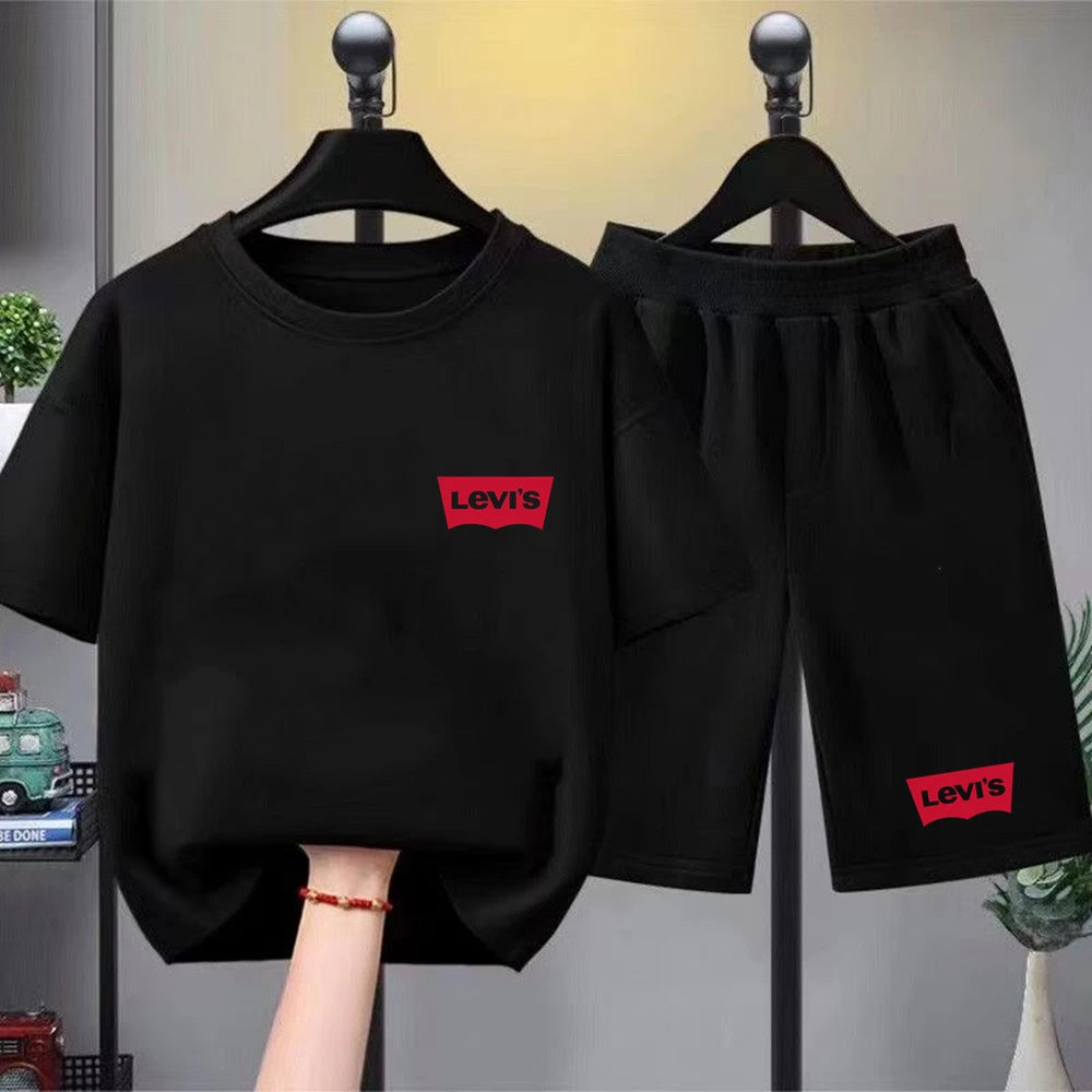 Summer Boy Girl Red T-shirt+Shorts Two-piece Set Kids Brand Clothing Fashion 3-12Yrs Sports Short-sleeved Casual Black Set