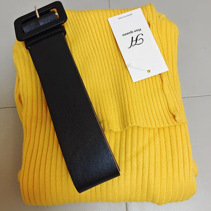 Knitted Turtleneck Bodycon Dress - Soft Elastic Midi Party Dress with Belt for Women