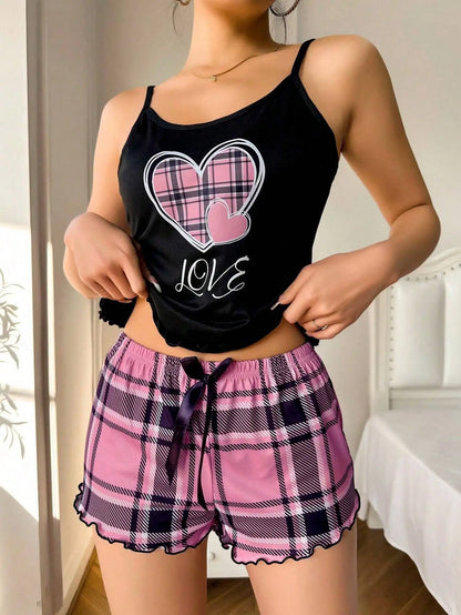 Women Sexy Suspender Shorts Thin Pajamas Letter Print Plaid Shorts Large Pajamas Romantic Home Wear Sexy Nightwear Short Pajama
