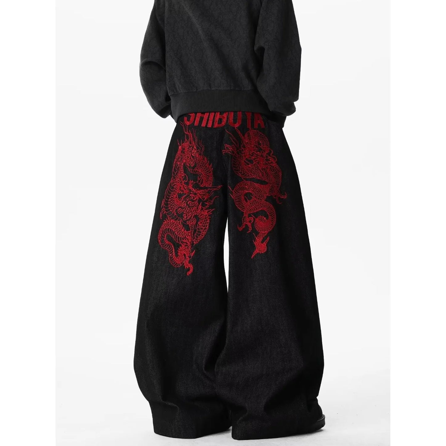 Retro Red Dragon Embroidery Wide Leg Knife Edge Jeans  for both men and women Y2K street cool floor length wide leg pants