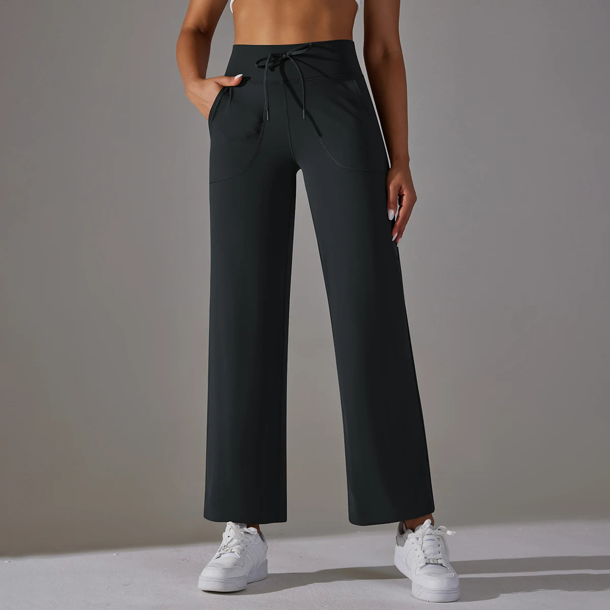Women Leggings Wide Leg Flare Pants With Pockets Drawstring Sports Trousers High Waist Flared Yoga Leggings Fitness Running Jogg