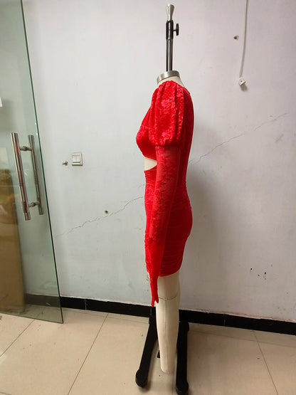Sexy Bodycon Mini Dress - Red White Draped Women's Party Dress With Full Sleeve