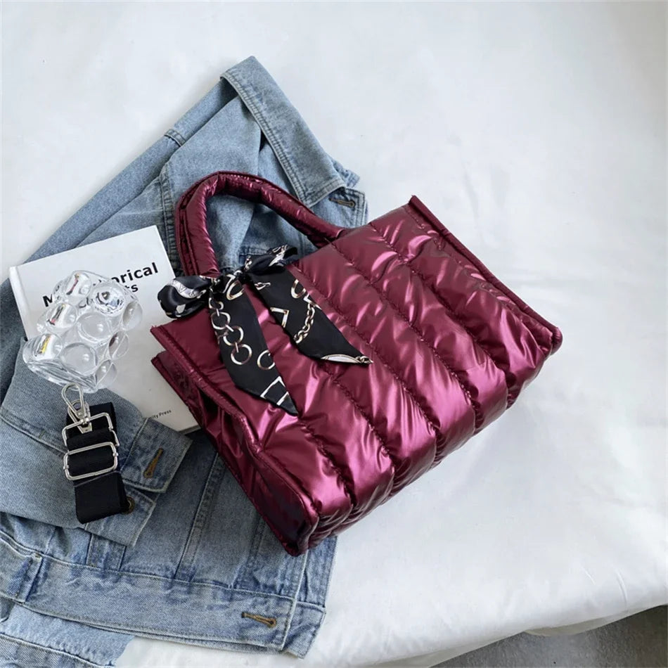 Women's Tote Bag - Quilted Crossbody Padded Shoulder Tote with Silk Scarf Accent