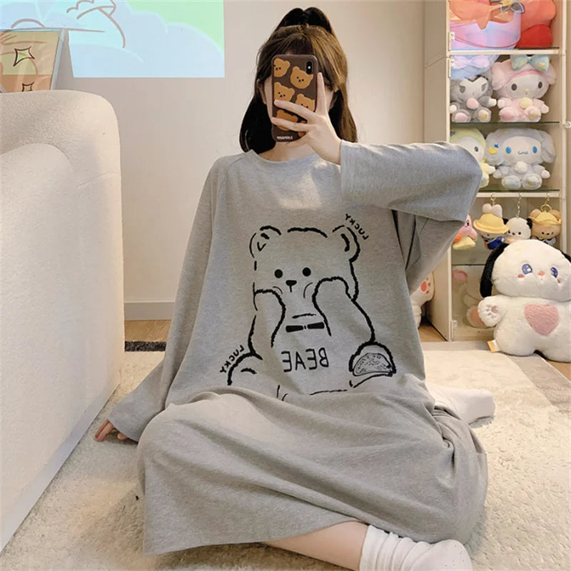 New Spring Summer Cotton Women's Pajamas Cute Long-sleeved Nightdress Cartoon Print Dress Home Service