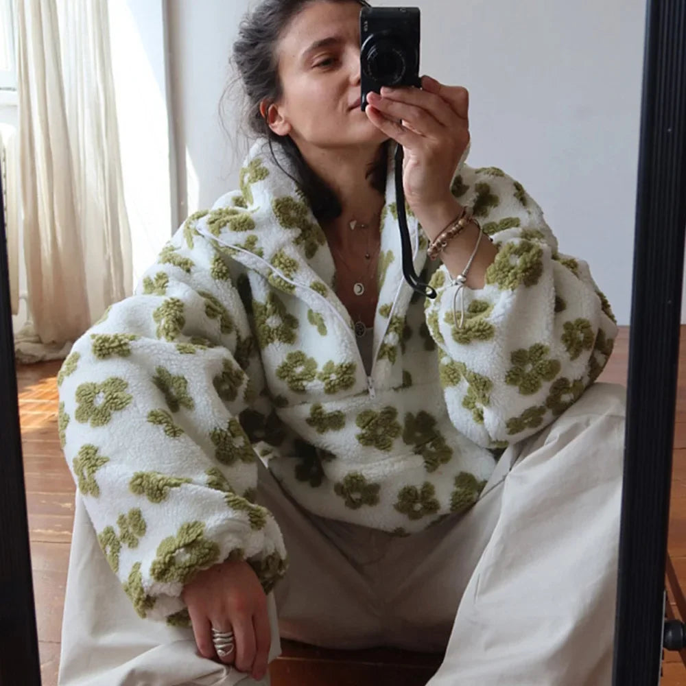 Fleece Flower Sweatshirt For Women 2025 Autumn Winter New Fashion Hoodies Warm Fur Top Zipper Pullovers Casual Outwear