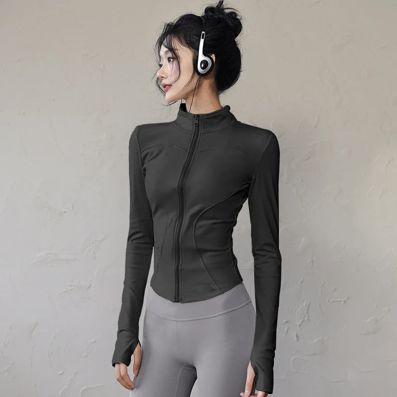 Women Sports Jacket - Long Sleeve Zip Fitness Shirt With Turn-Down Collar