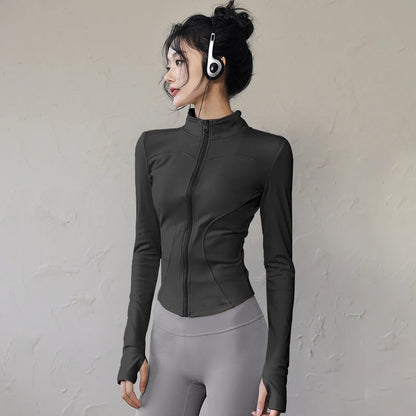 Women Sports Jacket - Long Sleeve Zip Fitness Shirt With Turn-Down Collar