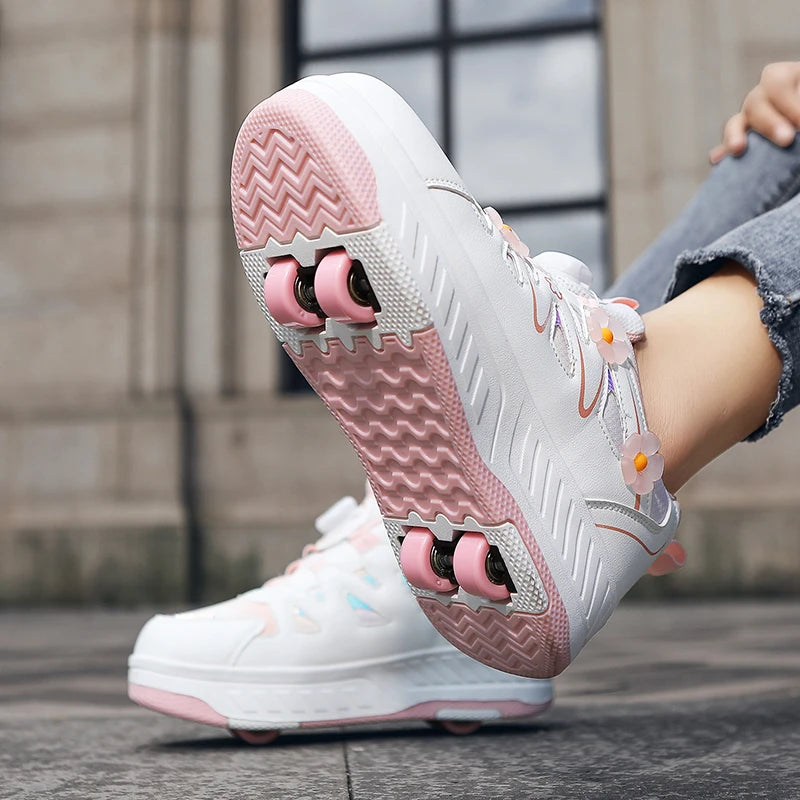Girls Roller Skates Four-wheel Outdoor Shock-absorbing Casual Sports Shoes Soft Walking Comfortable Flat Wheel Shoes for Kids
