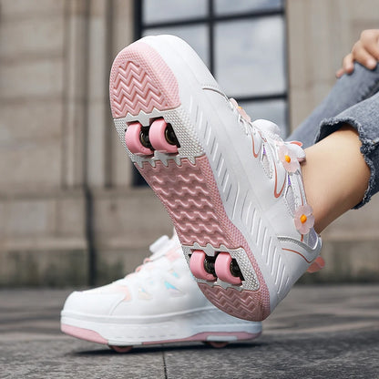 Girls Roller Skates Four-wheel Outdoor Shock-absorbing Casual Sports Shoes Soft Walking Comfortable Flat Wheel Shoes for Kids