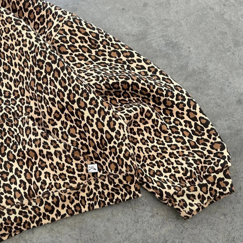 Y2K Leopard Print Hoodie – Unisex Harajuku Hip Hop Style Zip-Up Pullover Sweatshirt for Couples