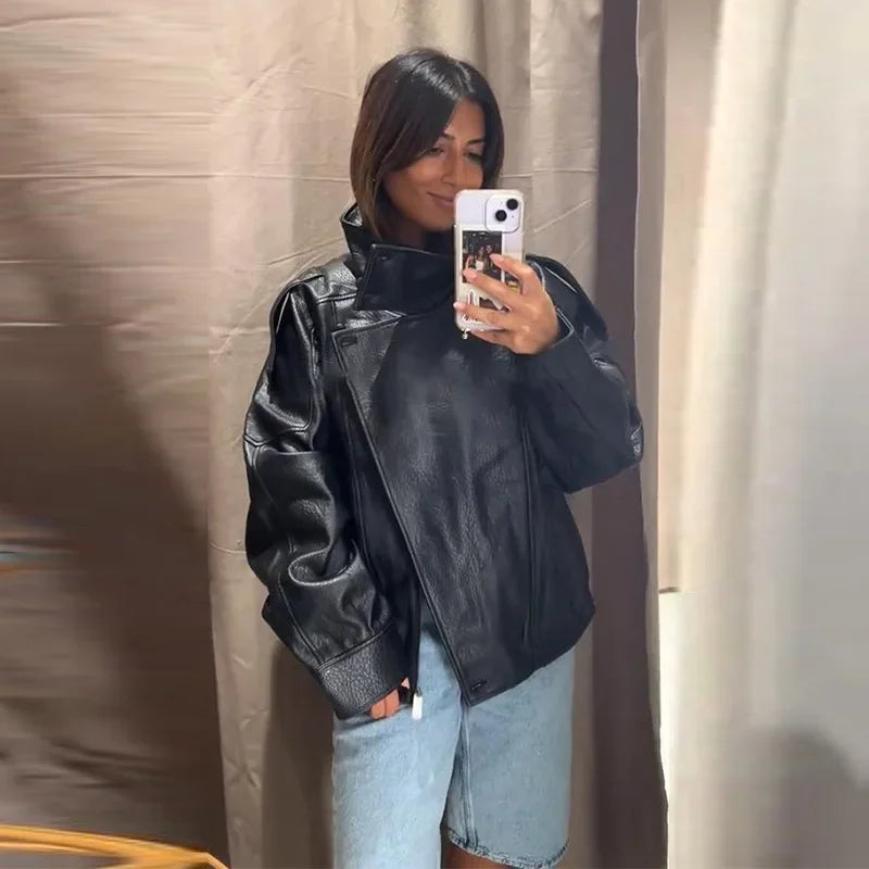 Vintage Leather Bomber Jacket – Women's PU Leather Zip Jacket With Belt & Patchwork Design