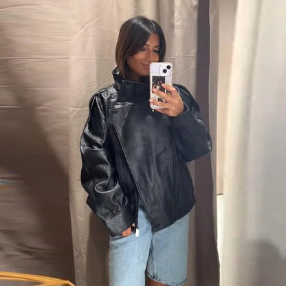 Vintage Leather Bomber Jacket – Women's PU Leather Zip Jacket With Belt & Patchwork Design
