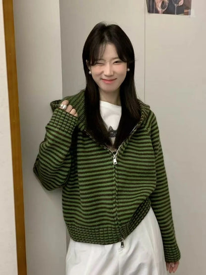 Purple Striped Hooded Sweater Jacket Women's Open Cardigan Autumn Winter Korean Style Soft Thickened Knitted Shirt Inner Wear...