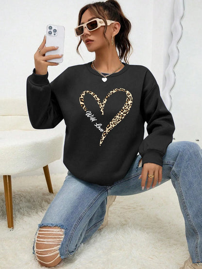 Leopard Wild Heart Pattern Print Female Sweatshirt Street Fur-Liner Pullovers Hipster Clothing All-Match Crewneck Tracksuit