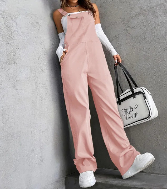 Retro Pocket Solid Color Straight Leg Utility Overalls Loose Fashion Casual Pants