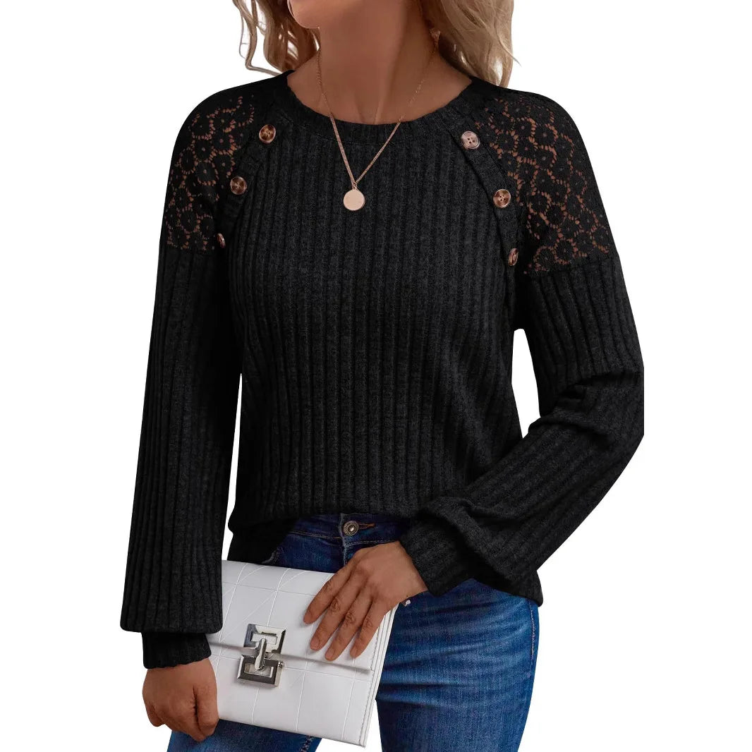 2025 New Autumn Women's Blouses Elegant Fashion Lace Hollow Out Patchwork Button Shirts Loose Casual Long Sleeve Pullover Tops