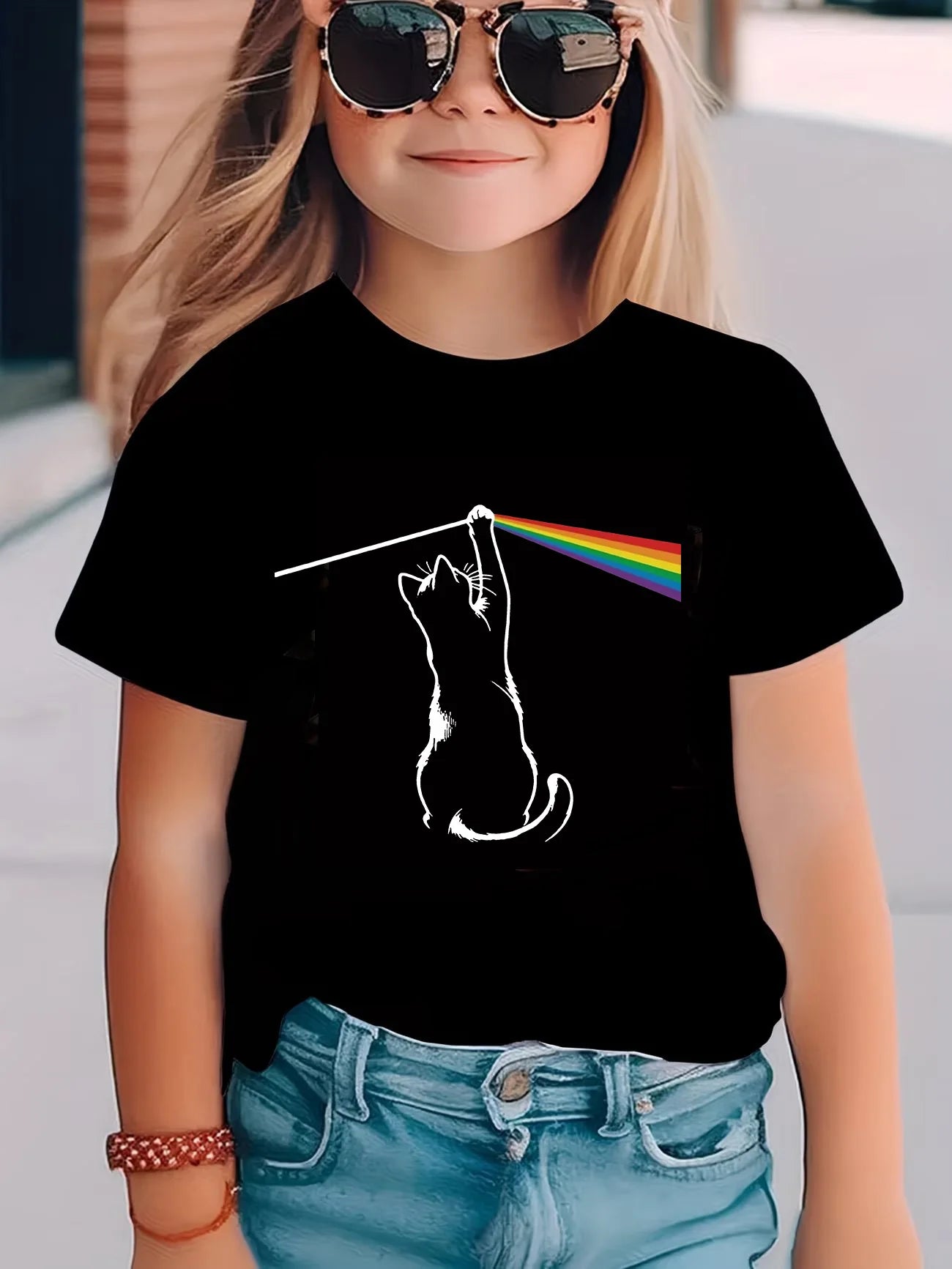 Fashion Rainbow Cat Design Printed T Shirts Kids Children's T-shirt Boys Girls Summer Spring Casual Top Tee