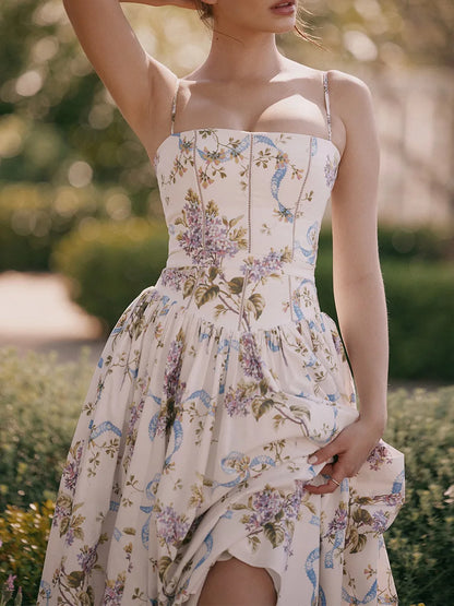 Summer Midi Dress - Women's Floral Print Elegant Camisole Fit and Flare Holiday Dress