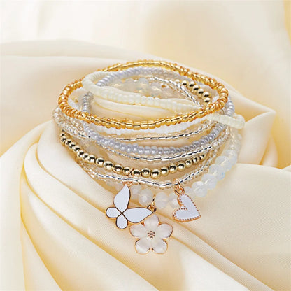 9pcs/set Bohemian Butterfly Flower Pendant Bracelet for Women Handmade Rice Beads Stacked Bracelet Summer Beach Party Jewelry