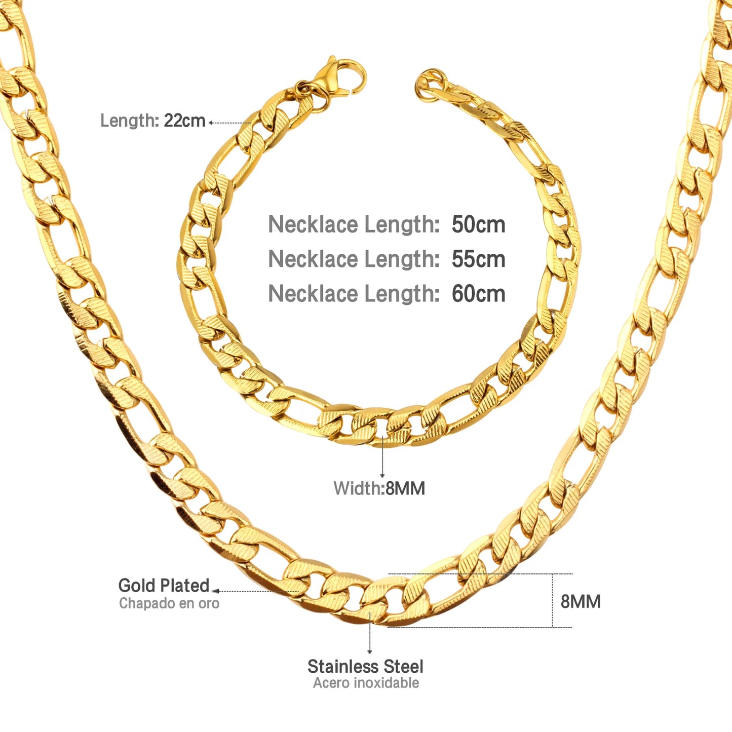 LUXUKISSKIDS Cuban Link Chain Necklaces Bracelets Set for Men/Woman 6/8/10mm Gold Color Stainless Steel Chain Punk Jewelry GIfts