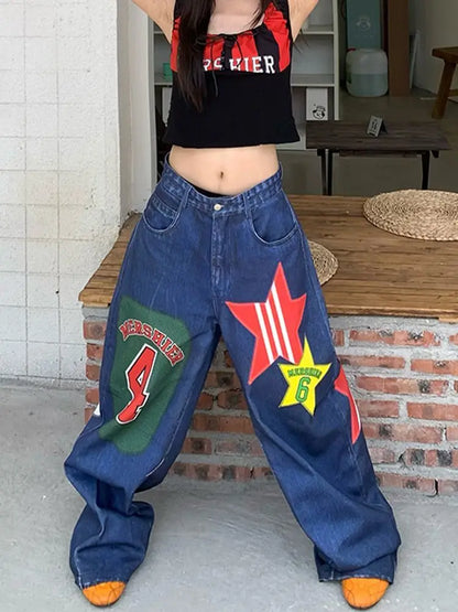 American Style Jeans Big Size Heavy Sticker Fabric Wide Leg Mopping High Waisted Jeans Men and Women Trendy Hip Hop Gothic Pants