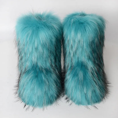Women's Winter Snow Boots Outdoor Luxury Furry Faux Fox Fur Boots Woman Plush Warm Platform Shoes New Fashion Bottes Big Size 46