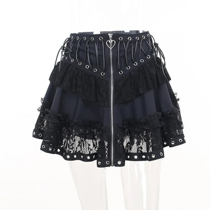 Gothic Skater Punk Vintage High Wasit Skirt Women's Zipper Front Japanese Style Kawaii Black Harajuku Cosplay Mini Skirts