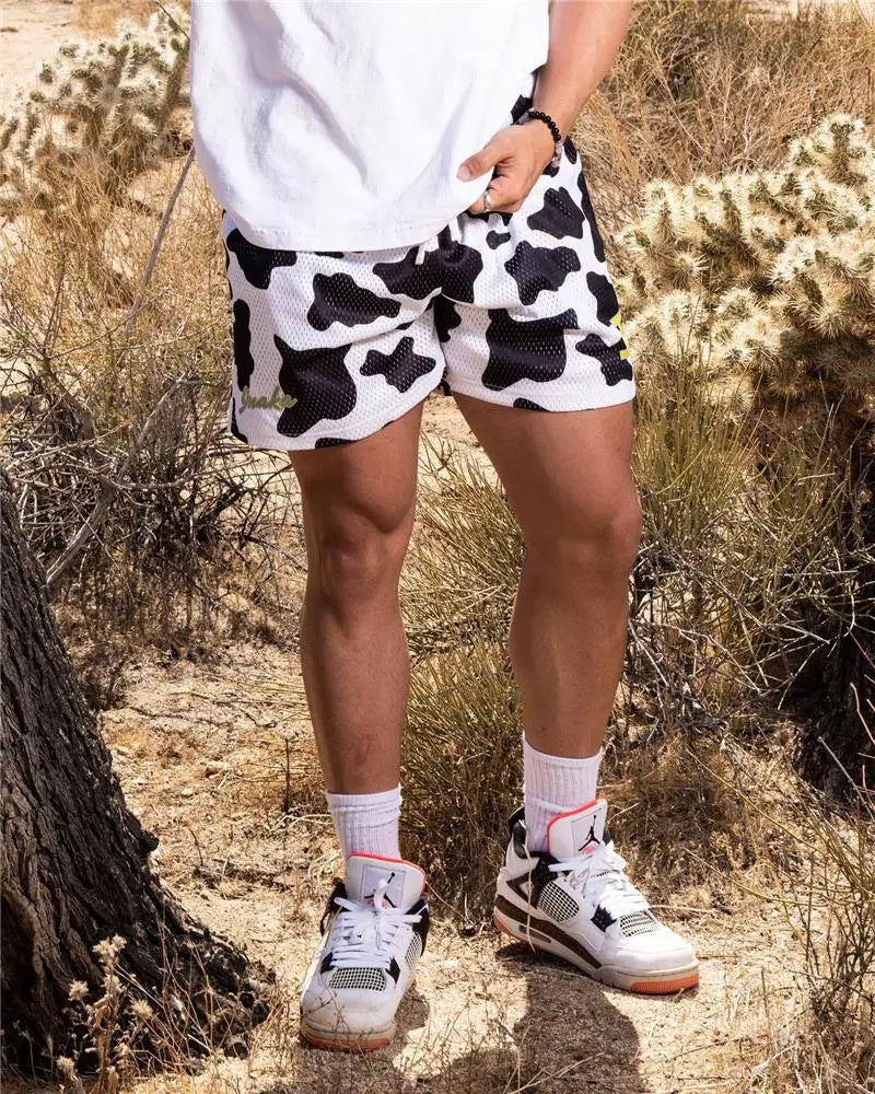Summer Men's INAKA IP Leopard Print Mesh Shorts Elastic Waist Drawstring Breathable Quick Dry Gym Workout Fitness Casual Pants